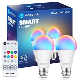 Aigostar Mesh - Alexa Glühbirne Bluetooth Mesh A60 12W, Smarte Glühbirne Funktioniert mit Alexa, Smart Bulb E27 LED 1150LM RGB & 2700K-6500K, 2 Stücke (mit Bluetooth-Fernbedienung)