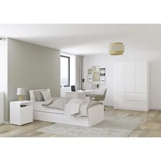 Rauch Möbel Joel, Jugendzimmer, komplettes Schlafzimmer, bestehend aus Bett mit Schubladen 90x200cm,1 Nachtisch, 1 Schreibtisch, Drehtürenschrank mit 2 Schubladen, Farbe Alpinweiß