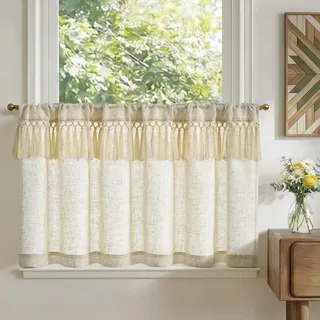 TOPICK Scheibengardinen Küche Beige Spitzenborte Leinen Bistrogardine mit Tunnelzug Volant für Wohnwagen Wohnzimmer Landhausstil Shabby Chic Gardinen Kurz Lichtdurchlässig 1er Set 145Bx60H cm Beige