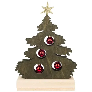 Schwibbogen Grün gebeizte Mini-Tanne mit roten Kugeln und LED-Strip 17x23x5cm