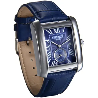 JewelryWe Vatertagsgeschenk Herren Armbanduhr, Retro Kalender Analog Quarz Uhr mit Rechteckig Römischen Ziffern Zifferblatt und Leder Armband, Farbe: Blau