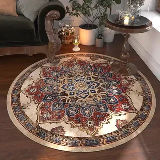 Tospass Boho Vintage Rund Teppich Waschbarer Wohnzimmer Orientalischer Stil Sofa Teppich Kurzflor Couchtischmatte, Bunter Muster Rutschfester Carpet für Schlafzimmer. 100 cm
