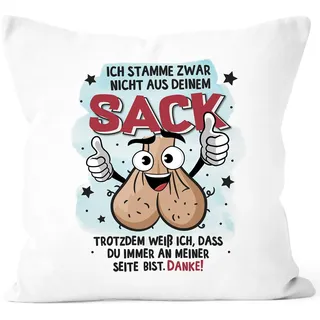 MoonWorks® Kissen-Bezug Geschenk für Bonus-Papa zum Vatertag Spruch lustig Stiefvater Ich stamme zwar Nicht aus deinem Sack Weiss Standard
