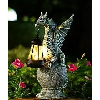 Goodeco Drachenstatue mit Solarlicht, Figur stehend auf Kugel, Rasendekoration, Outdoor-Statue für Terrasse, Balkon, Hof, einzigartiges Geschenk