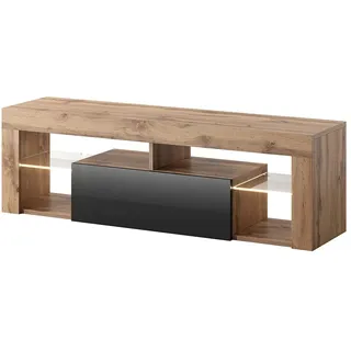 Selsey Bianko – TV-Lowboard/TV-Schrank in Holz-Optik mit Klappe und LED-Beleuchting Stehend, Lancaster Eiche/Schwarz Hochglanz, 35 x 140 x 51 cm