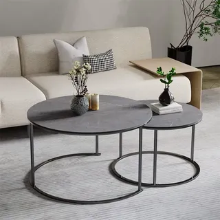 WISFOR Couchtisch 2er Set, Wohnzimmertisch Marmor Optik, Rund Beistelltisch Satztisch Kaffeetisch mit Metallgestell, Ø 60/80 cm - Dunkelgrau, Schwarz