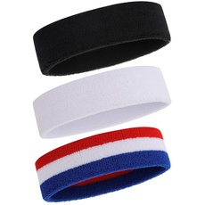 ONUPGO Schweißband Stirnband für Männer & Frauen - 3PCS Sports Stirnbänder Feuchtigkeitstransport Athletic Cotton Terry Cloth Schweißband Schweißabsorbierende Kopfband (Black, White, Blue/White/Red)