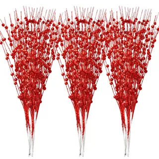 JOIEDOMI 24 Stück Weihnachtsbaum-Beerenstäbe (rot), dekorative Perlenstäbe, glitzernde Zweige, Zweige für den Weihnachtsbaum, kleine Vase, für Feiertage, Hochzeiten und Partys (43 cm, rot)