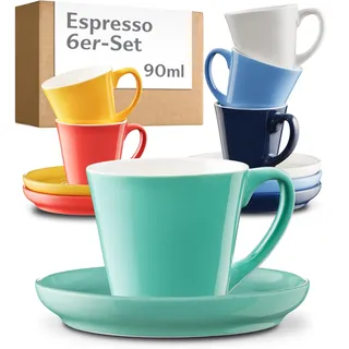 Cosumy Espressotassen Set 6er Bunt mit Untertassen - Keramik - Hält Lange Warm - Mokkatassen Stapelbar Spülmaschinenfest - Espresso Tassen mit Henkel - Geschenkbox - Espressobecher Design - 70ml