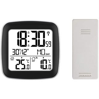 infactory innen Außenthermometer: Digitaler Funkwecker mit Dual-Alarm, Thermometer, Außensensor, Datum (Außenthermometer Funk, Thermometer innen außen, Temperaturanzeige)