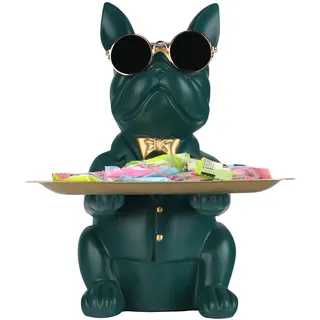 Grün Französische Bulldogge Deko Skulpturen, Schlüsselbrett mit Ablage, lustiges Sparschwein mit Schlüsselschale, Dekoschale und Deko Tablett für Wohnzimmer, Flur, Büro, Deko Wohnzimmer Modern