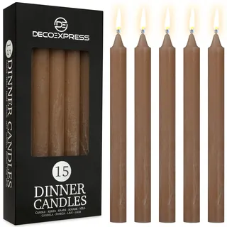 DECO EXPRESS Stabkerzen Kerzen Set 15er Pack Handgemachte Rustik Kerzen Geruchslos Lange Brenndauer bis zu 9 Stunden Tropffreie Tafelkerzen (Braun - 15er-Pack)