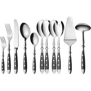 GRÄWE Besteckset, Nürnberg, 66-teilig, 12 Personen, Edelstahl, schwarzer Griff, rustikal, schwere Qualität, spülmaschinengeeignet, handpoliert