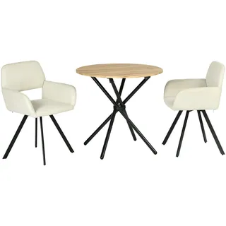 Urban Meuble Esszimmer SET – 1 Tisch + 2 Stühle – Holzoptik & Beige Stoff , Holzwerkstoff, Metall , Rund , 80x75x80 cm , Esszimmer, Bänke, Tischgruppen & Eckbankgruppen