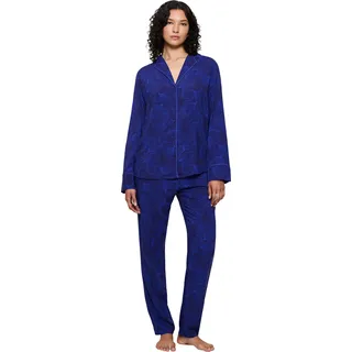Schlafanzug TRIUMPH, Damen, Gr. 36, blau, Jersey, Obermaterial: 100% Viskose, bedruckt, unifarben, bequem lang, V-Ausschnitt, Homewear-Sets Schlafanzug, mit klassischem Reverskragen