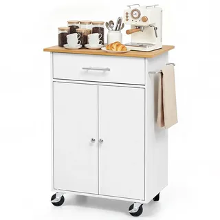 Vevor Kücheninselwagen mit 1 Schublade + 2 Türen Weiß Mobile Kücheninsel, Küchenwagen mit Schrank, Handtuchhalter, Tischplatte (600 x 380 x 15 mm) | Haken fürs Esszimmer, Küche, Mobiler Servierwagen
