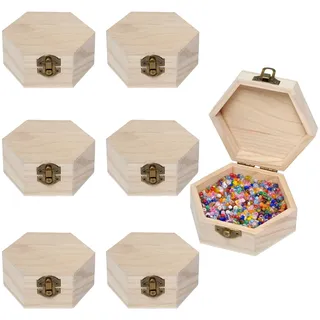 Sixfolo Kleine Holzkiste mit Deckel 11.5x10x5cm 6 Stück,Sechseckig | Sechseckige Schmuckbox Holz Klein,Unlackiert Schatztruhe Holz Natur zum Bemalen für DIY Handwerk und Aufbewahrung schmuck