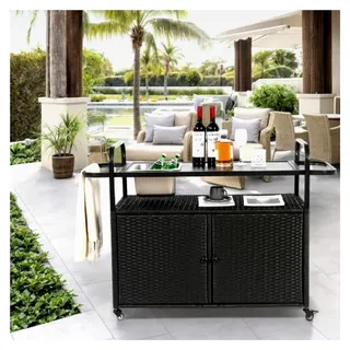 Schwarzer Outdoor-Barwagen mit Schrank und Eiswürfelbehälter, rollbarer Servierwagen für Garten und Terrasse, PE-Rattan Küchenwagen mit Stahlplatte und Rädern, Minibar und Hausbar, 131x50x91 cm - Schwarz