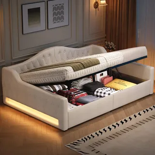 Polster-Tagesbett 140x200 Sofa-Bett mit Stauraum Bettkasten 7-Farben LED Leinenbezug Funktionsbett Gästebett Beige - Beige