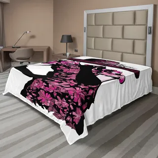 ABAKUHAUS Mode Bettlaken, Frauenfigur Pelzigen Hut Und Blumenkleid Nostalgische Magazin Catwalk Look, weiches bequemes oberes Bettlaken für ein dekoratives Bett 1 Stück 244 cm x 205 cm, Fuchsia Schwarz