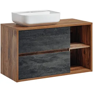 Vivaldi Badezimmer Set mit Wandregal, zwei Schubladen und Weißer Aufsatzwaschbecken "Nero I", 100 cm, in Huton Eiche - Dunkelbeton - Beige, Braun, Bronze, Grau