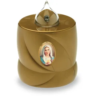 AROBA 2x LED Grabkerze Trauerlicht - Flackereffekt wie echte Kerze - lange Brenndauer bis 200 Tage - wiederverwendbar Friedhofskerze Gedenkkerze Dauerkerze - gold Heilige Maria
