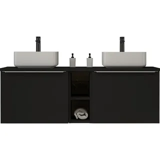 Doppelwaschtisch 140cm mit Aufsatzbecken, matt schwarz, PUEBLA-56-BLACK - Schwarz