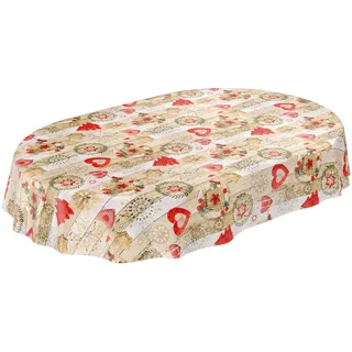 ANRO Tischdecke Weihnachtstischdecke abwaschbar Wachstischdecke Christmas Rot Beige Oval 180x140cm
