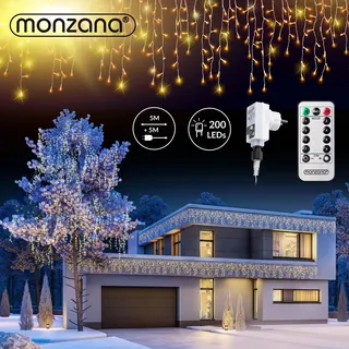MONZANA® Lichterkette 200 LED 10m Fernbedienung 8 Leuchtmodi IP44 Innen Außen Regenlichterkette Lichtervorhang Eisregen warmweiß Weihnachtsbeleuchtung - Weiß