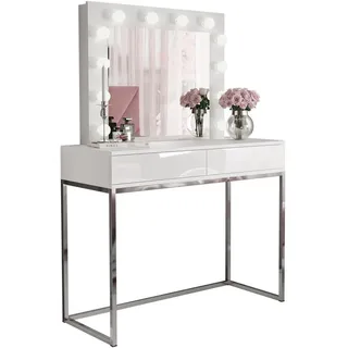 lookway Schminktisch BLANCO GLAMOUR mit Spiegel und Beleuchtung Weiß Hochglanz Push Open