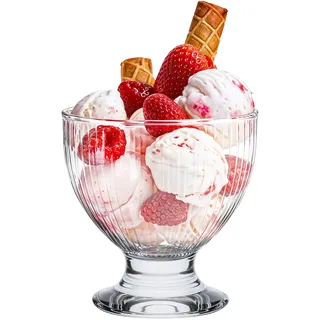 KONZEPT Eisbecher Glas 4er Set, Glasschale mit Fuß 405 ml, Glas Geriffelt für Eis, Joghurt, Snacks, Perfekt für Schichtdessert, Candy Bar Zubehör