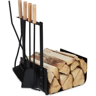 Metall-Kaminholzkorb mit Ofenbesteck - Schwarz