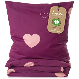 Lavea® Milena Bettwäsche Kinder Set, Kinderbettwäsche aus 100% Bio-Baumwolle, mit Herzmotiv, weiche Bezüge für Bettdecke und Kopfkissen, mit Reißverschluss, Bordeaux Rosa 100 x 135 cm und 40 x 60 cm