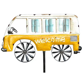 DanDiBo Ambiente Gartenstecker Metall Bus Auto XL 160 cm Gelb Weiß 96104 Windspiel Willkommen Windrad Wetterfest Gartendeko Gartenstab Bodenstecker Mini Van