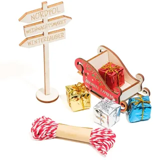 RTUOHUIN Wichtel Schlitten Set, 8-TLG. Miniatur Wichtel Zubehör für Wichteltür und Weihnachten inkl. Schlitten zum Aufbauen, 5 Geschenke, Wegweiser, Seil, Kinderzimmer Deko für Weihnachten