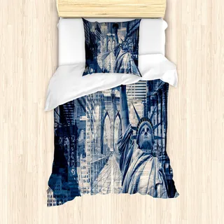 ABAKUHAUS Vereinigte Staaten Mantele, NY Freiheit, Milbensicher Allergiker geeignet mit Kissenbezügen, 135 cm x 200 cm - 80 x 80 cm, Dark Blue Purplegrey