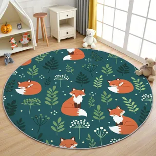 AevuCub Fuchs Teppich Rund 150cm Kinderzimmer - Waschbare Teppiche Wohnzimmer Grün Kinder Waldtiere - Runder Teppich 150 Durchmesser - Bettvorleger rutschfest Weich