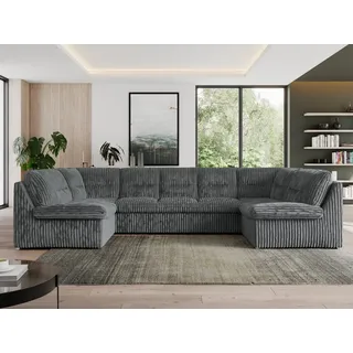MKS Meble Sofa XXL U-Form Beige, Wohnlandschaft U Form mit Schlaffunktion, Sofa mit Schlaffunktion, Schlafsofa, Wohnzimmer Couch mit schlaffunktion - Morbido U - Dunkelgrau Cord - Grau