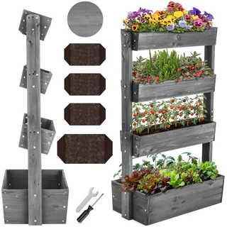 tectake® Vertikalbeet mit 4 Etagen, Hochbeet aus Holz, Pflanztreppe, Hochbeet Balkon, Blumenbeet, Kräuterbeet, Gemüsebeet, Pflanzenregal, Blumenkasten Holz mit Pflanzvlies - grau, 85 x 45 x 140 cm