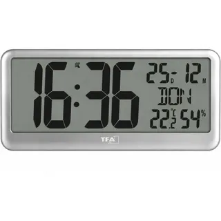 TFA Dostmann Digitale Wanduhr mit XXL Ziffern, 60.4525, Uhr mit Temperatur und Luftfeuchtigkeit innen, mit Kalender, perfekt für Büro, Senioren, Küche, Funkuhr, mit Weckfunktion, Silber
