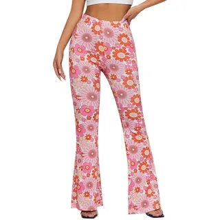 EVELUST 70er Jahre Schlaghose Für Damen – Boho 60er Hose Hippie Blumen High Waist Outfit Disco Kostüm Yogahose Leggings(Pink, S, 10501w)