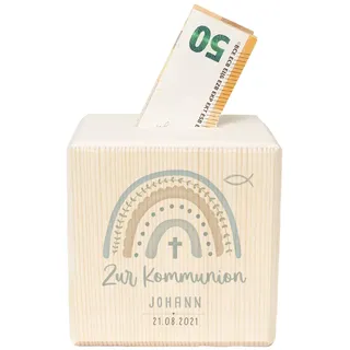 Spardose Kommunion - Personalisierte Holzspardose - Geschenk zur Kommunion, Kommunionsgeschenk für Mädchen & Jungen - Ertkommunion Geschenke - hellomini (Regenbogen blau)