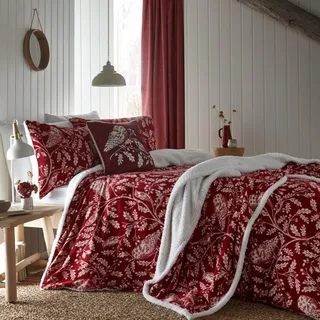 Dreams & Drapes Bettwäsche-Set mit roten Eulen, Super-King-Size-Bett (260 x 220 cm), Wald-Bettwäsche, superweiches Fleece, Waldtier-Bettbezug, Burgunderroter Bettbezug, Wald-Eulen-Kollektion