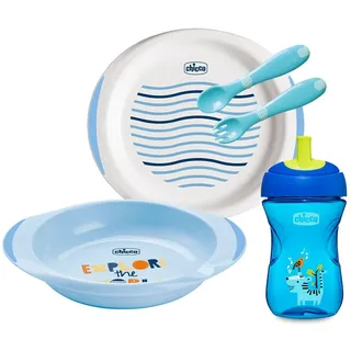 Chicco Baby Geschirr Set, Baby Geschirrset für Essen und Babynahrung, besteht aus 1 x Becher "Advanced Cup", 1 x flachem & tiefem Teller, erstem Baby Besteck, 12M+, blau