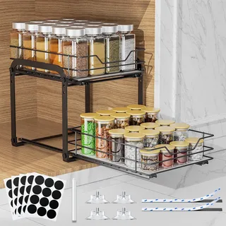 AHOMSEL 2 Etagen Gewürzregal Ausziehbar, Höhenverstellbar Küchenschrank Organizer, Gewürzregal Stehend mit Aufkleber für Schrank Küche Arbeitsplatte, L26*B23*H23cm