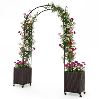 COSTWAY Blumenkasten mit Rankgitter, 230 cm hoch, 2 in 1 Rosenbogen mit 2 Pflanzkästen, Gartenbogen auf Rollen, Metall & PP-Rattan, Rankkasten mit Spalier & Selbstbewässerung für Kletterpflanzen