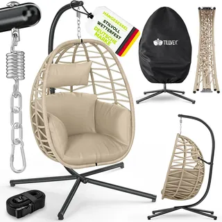 tillvex® Hängesessel mit Gestell Outdoor Indoor mit wetterfester Abdeckung | Hängekorb klappbar bis 150 kg mit Befestigung | Hängesitz aus Rattan mit Polster | Hängestuhl Garten Balkon Terrasse