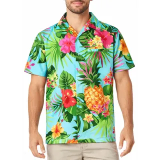 King Kameha Hawaiihemd Herren Kurzarm - Hawaii Hemd Männer Ananas - Hemd Herren Kurzarm Hawaii Outfit - Hawaiian Shirts for Men - Pineapple, Türkis, XL