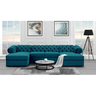 U-Form Ecksofa mit Schlaffunktion und Bettkasten Chester U-Shape Sofa im Chesterfield Stil, Stoff: kronos 04 - marine, Knöpfe: Zirkonia - Türkis