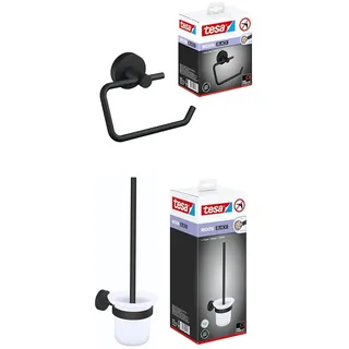 tesa Moon Black Set: Toilettenpapierhalter - Rollenhalter ohne Deckel für Bäder und WC-Garnitur - Set mit Halter & WC-Bürste, matt schwarz- bohrfrei, inkl. Klebelösung